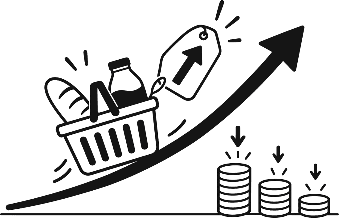 Una cesta de la compra con una etiqueta de precio que sube